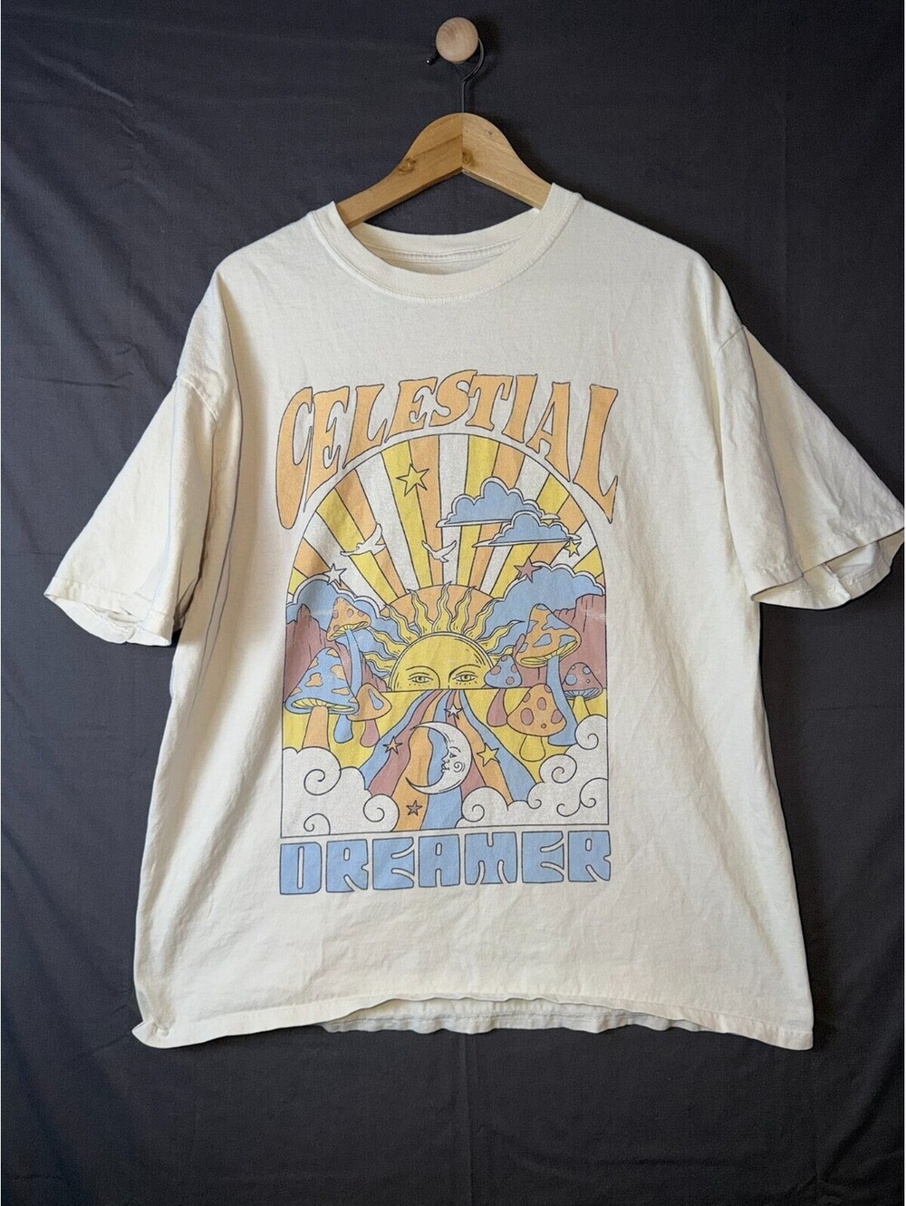 Full Tilt Celestial Dreamer Graphic Tee Sun Moon Mushrooms Size L – Pastel Psych
